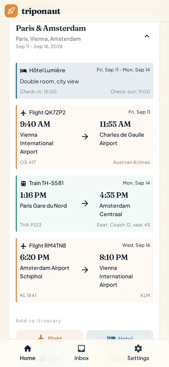 The Triponaut app showing a five-day trip — a Paris hotel, two flights and a train, in time order