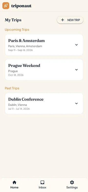 Triponaut home screen listing upcoming and past trips