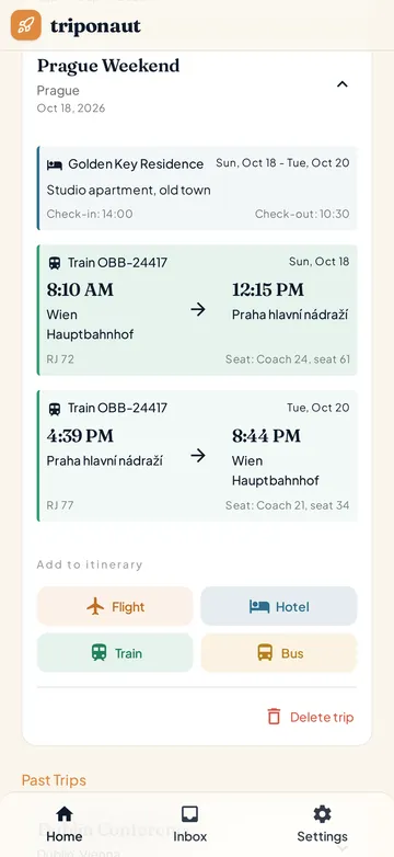 Triponaut trip screen showing a Prague weekend with a hotel and two train journeys